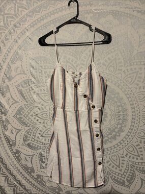 American Eagle Striped Faux Wrap Button Front Mini Dress Cotton Linen Blend M